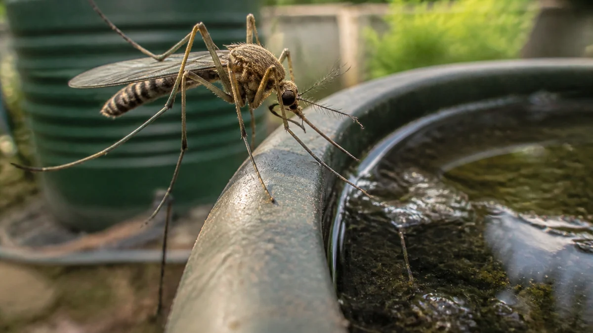 Depósito de agua de jardín con tapa y rebosadero protegidos mediante malla