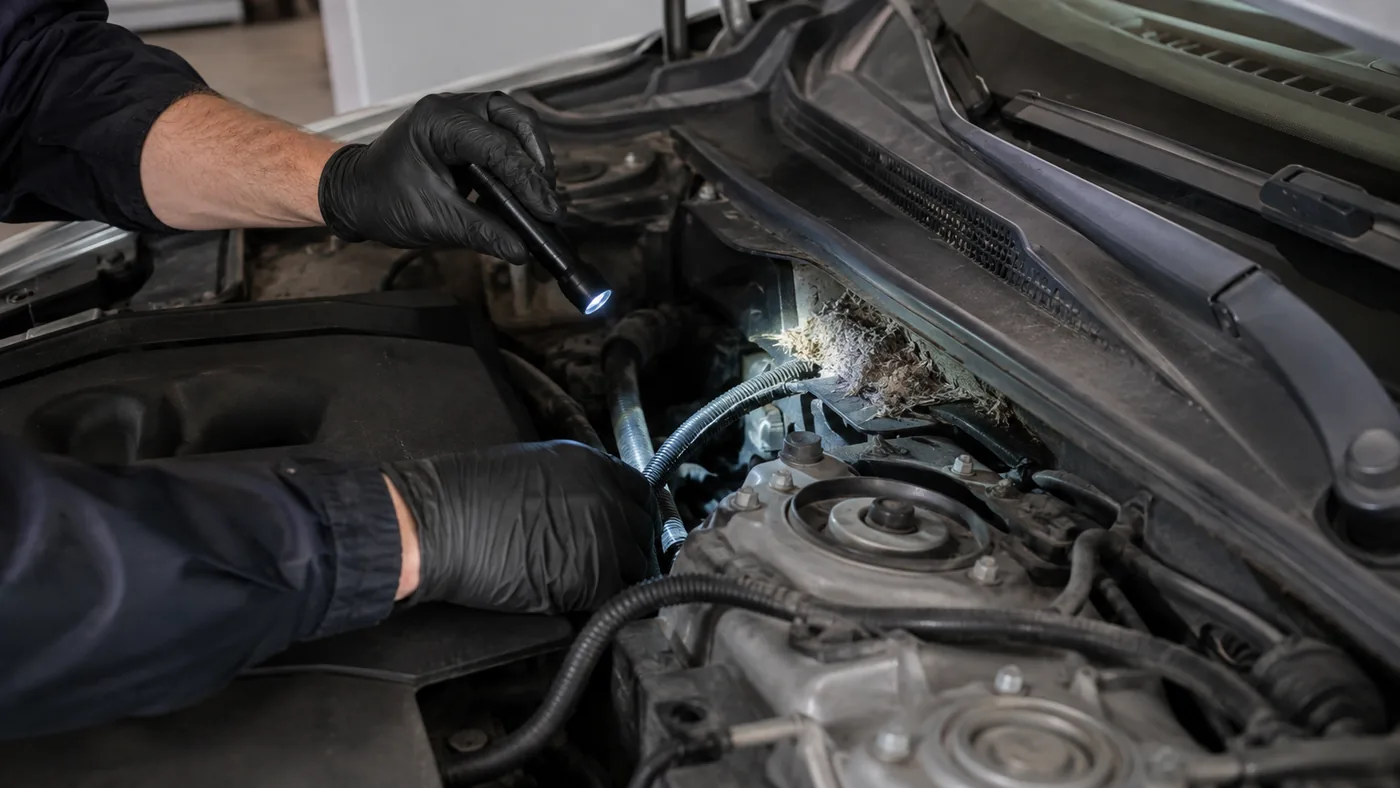 Inspección de un vano motor con material vegetal compatible con un posible nido de ratones