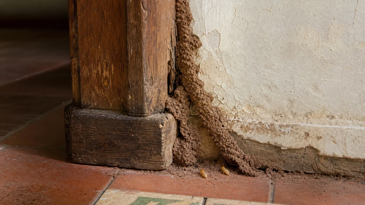 Marco antiguo de madera con pintura abombada y un fino cordón terroso junto a la base